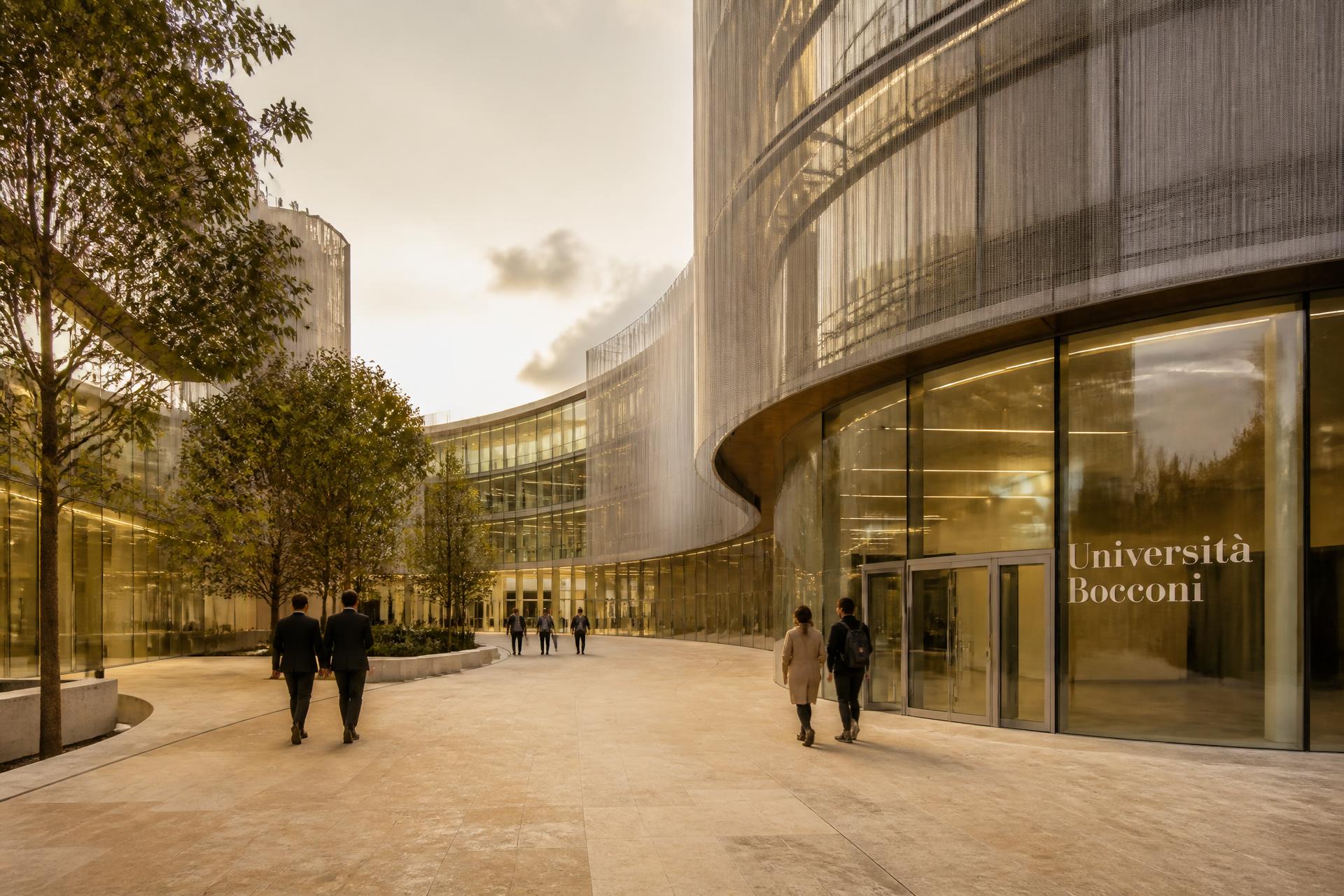 Modern university campus courtyard in warm afternoon light